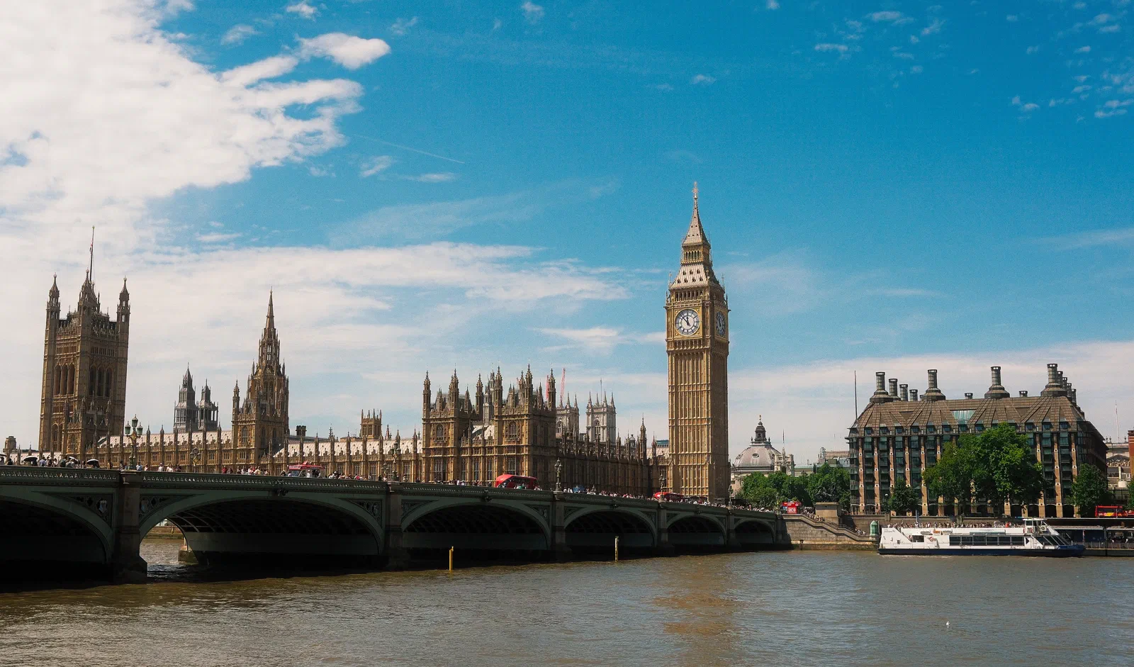 Westminster Bridge crosses the Thames to the Houses of Parliament.