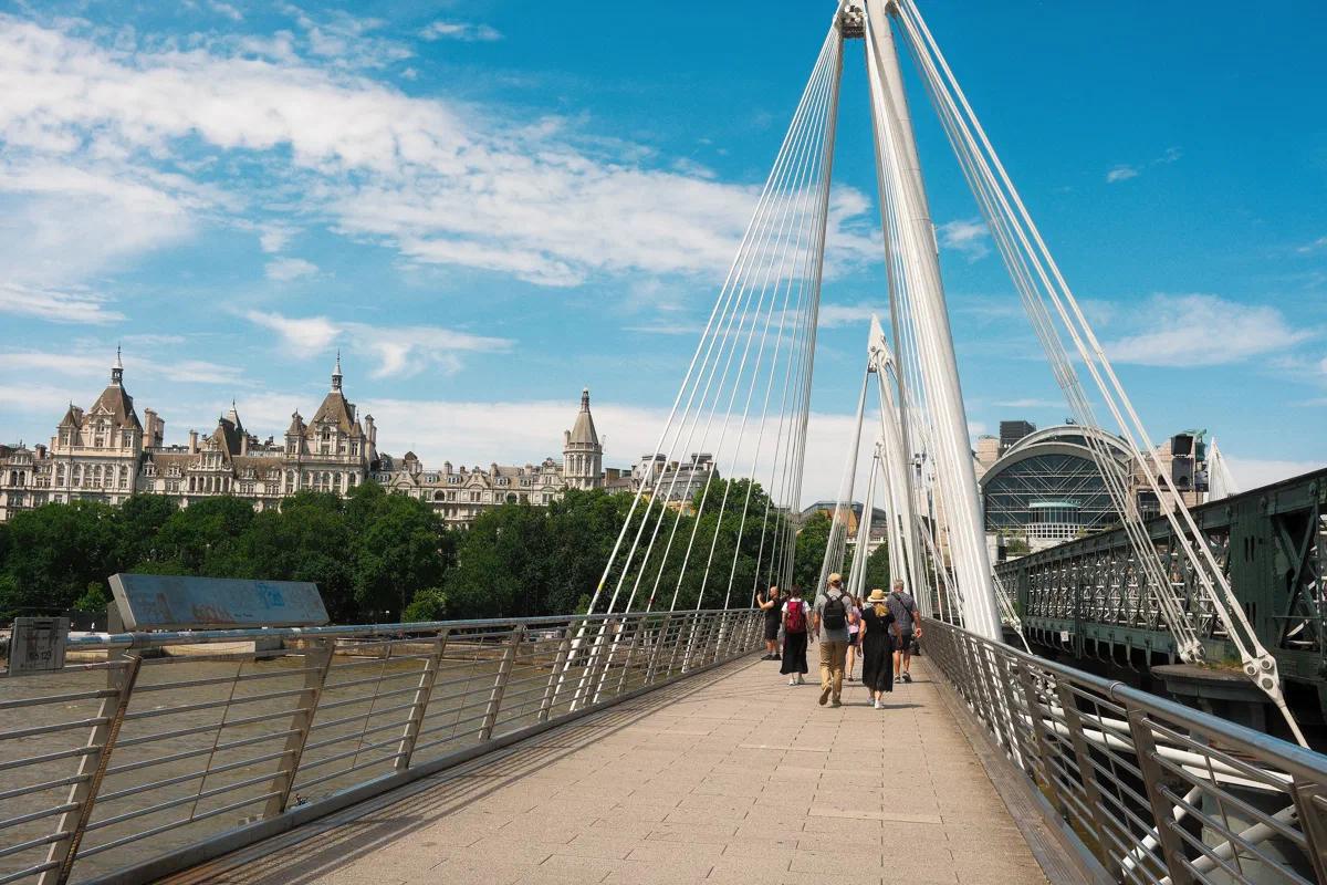 The Golden Jubilee Bridges carry walkers across the Thames toward Whitehall Court.
