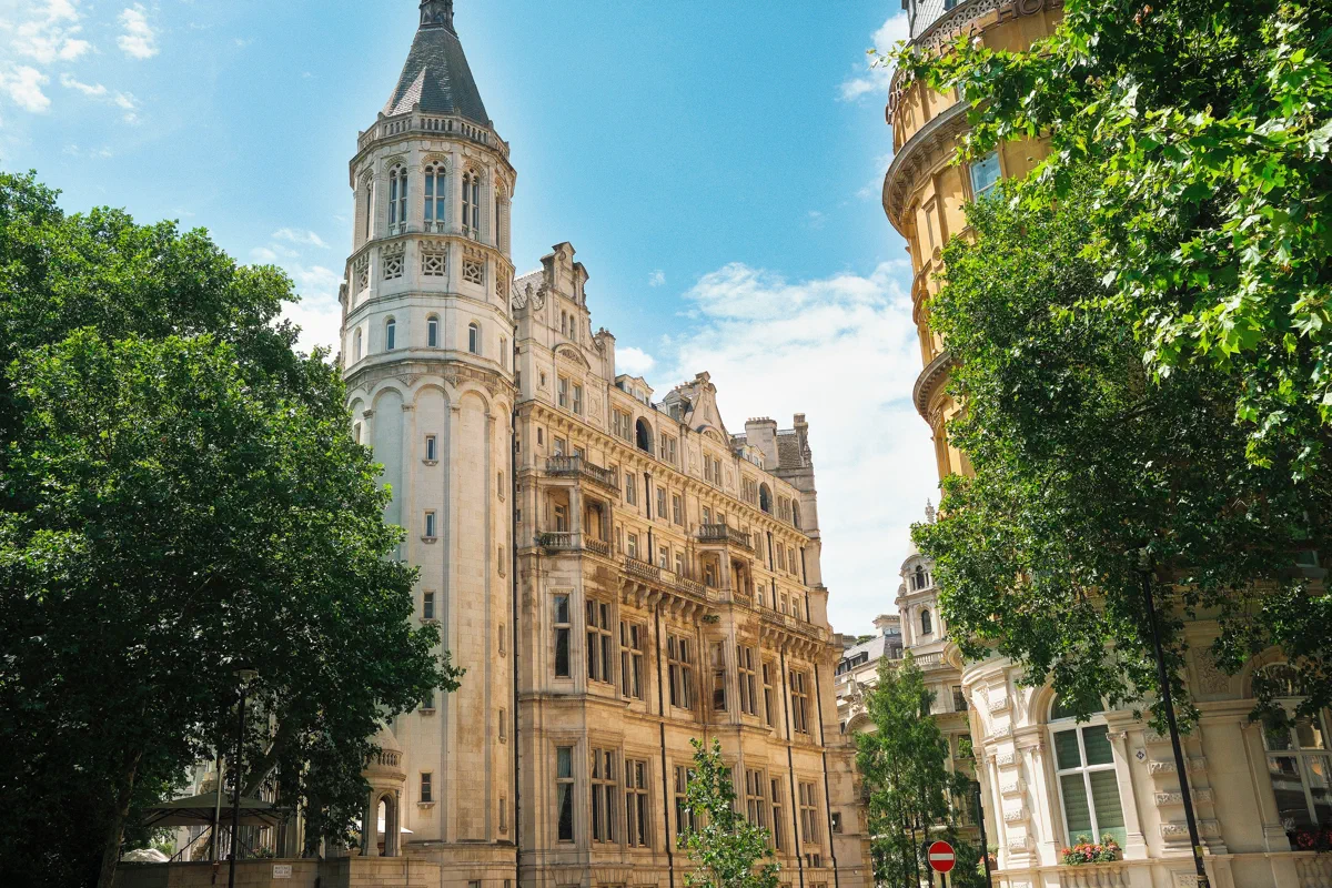 The Victorian towers of Whitehall Place, between the Embankment and Trafalgar Square.